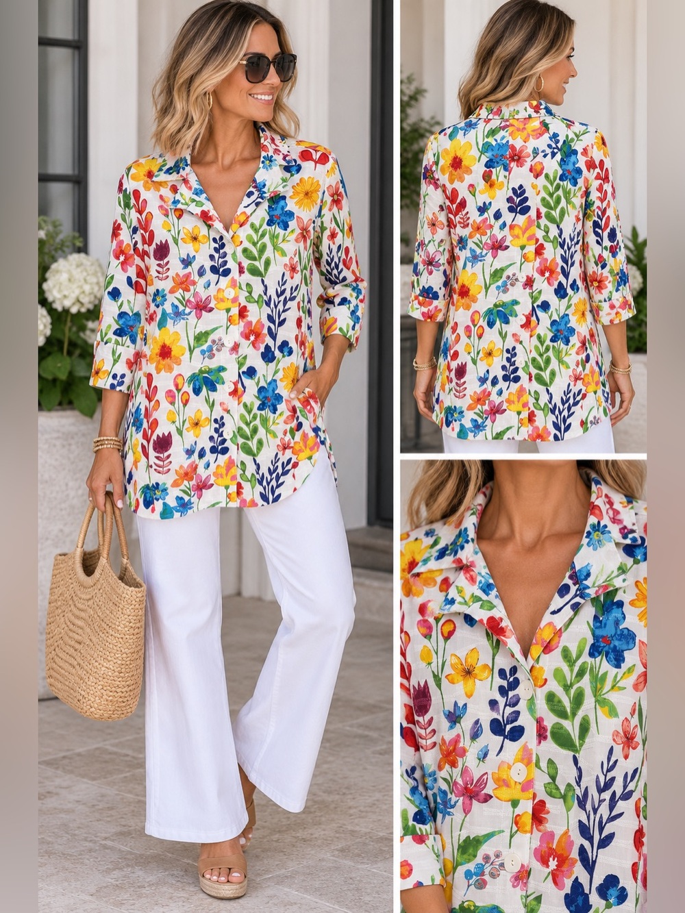 Ali Miles Multi-Floral Botanical Button-Front Tunic Top Size Large